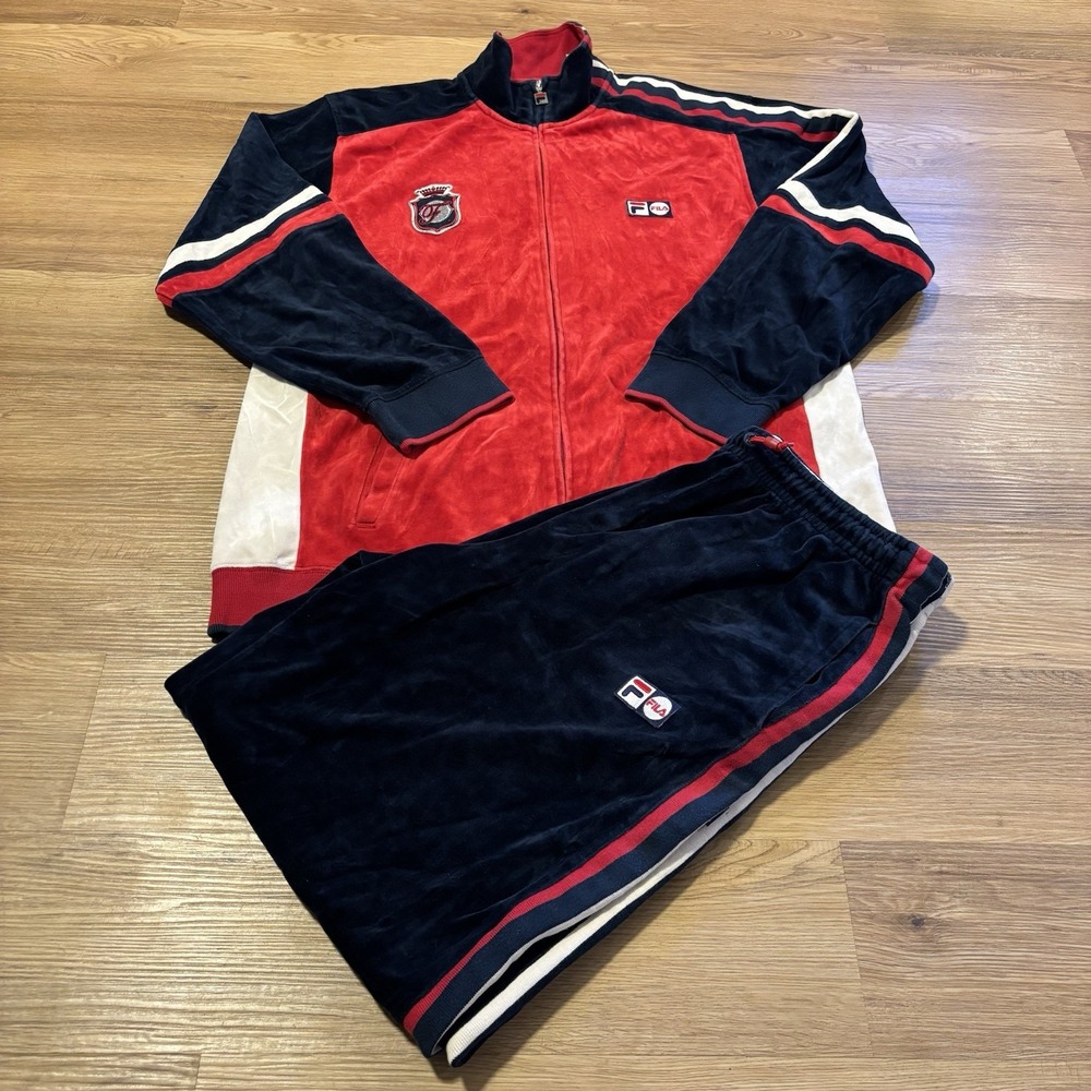 Vintage 90s Fila Velour Tracksuit Set Men's Large Red/Navy/White Logo Spellout